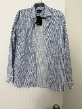 Bugatchi White and Blue Striped Pattern Button-Down Shirt